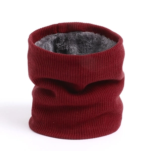 Winter knitted neck warmer in burgundy with thick grey faux fleece lining for cold protection
