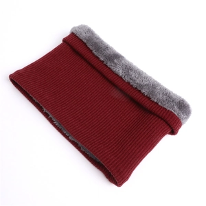 Detailed view of dark red knit infinity scarf with thick grey plush fleece lining