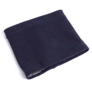 Detail of dark blue knitted neck warmer showing thick grey fleece lining for winter warmth
