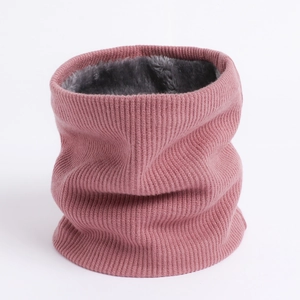 Detail of pink ribbed knit neck warmer with thick grey faux fur lining for winter warmth
