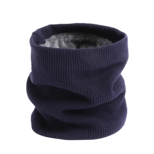 Thick navy knit neck warmer with plush grey faux fur lining for winter warmth