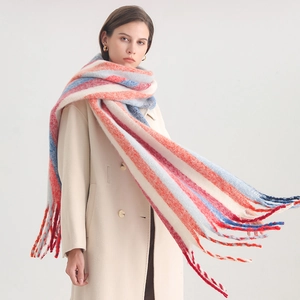 Close-up of thick rainbow striped cashmere scarf with long tassels on a wool coat