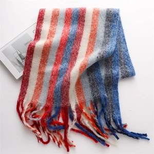 Rainbow striped faux cashmere scarf with fringe tassels for thick winter warmth