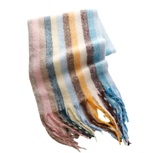 Rainbow striped winter scarf with thick cashmere feel and fringed edges for women