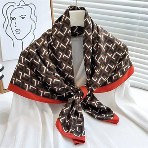 Brown silk scarf with geometric letter pattern and red borders on white shirt