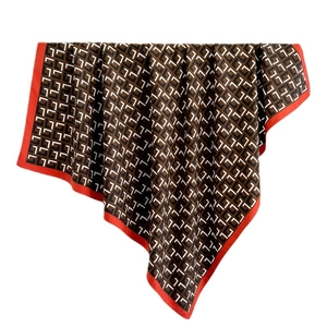 Luxury 90cm square silk scarf with geometric letter patterns and bold red borders