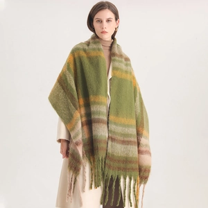Close-up of thick green striped scarf with fringe detailing on beige coat