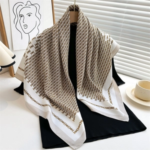 Elegant 90x90cm square silk scarf with classic monogram print and silky texture