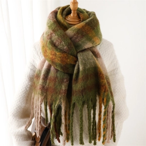 Winter plaid cashmere-like scarf with vintage orange and green pattern and long tassels