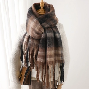 Detail of checkered cashmere-feel scarf featuring vintage plaid and thick fringe tassels