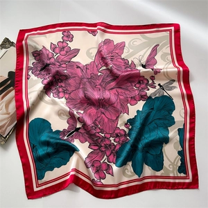 French vintage silk square scarf featuring peony floral print and elegant red border