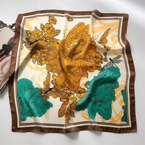 French vintage floral silk square scarf with peony print and brown border on white background