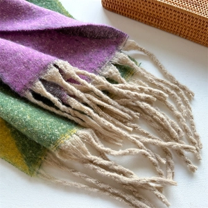 Détail d'une écharpe en maille colorée avec motifs violets verts et longues franges beige