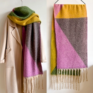 Écharpe D'Hiver Pour Femmes Bloc De Couleur Géométrique Imitation Cachemire Épaisse Chaude Longue Franges Châle Mode