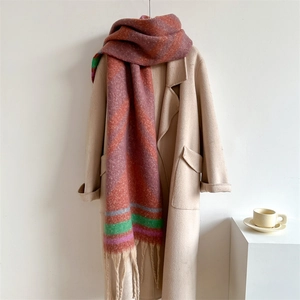 Thick colorful striped wool scarf with fringe detail for women winter fashion style