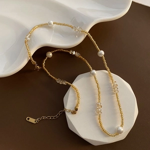 Collier Perlé Rétro Français Acier Titane Plaqué Or 18K Imitation Künstliche Perle Künstliche Perle De Cristal Chaîne Clavicule Femmes