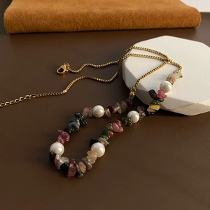 Retro Niche Titanium Steel Necklace With Faux Artificial Pearls And Multi-color Crushed Stones For Women Irregular Clavicle Chain