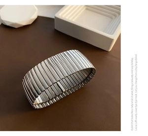 Detailed macro view of silver-tone expandable stainless steel watchband style bracelet