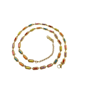 Colorful enamel rectangle pendant necklace in gold-plated stainless steel chain