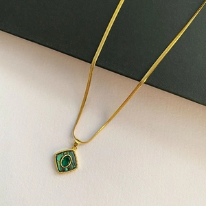 French Retro Square Pendant Necklace Titanium Steel Snake Bone Chain Green Gemstone Abalone Shell Inlay Accessory Women