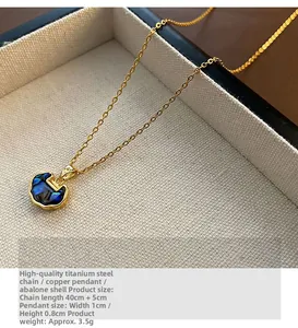 Detail of gold titanium steel chain with a small abalone shell lock pendant