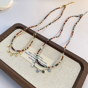 Collier Double Couche en Acier au Titane avec Pierre Naturelle pour Femme Pendentif Disque Rond Plaqué Or Argent Bijoux