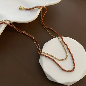 Double Layered Necklace Natural Orange Garnet Faceted Beads Stainless Steel Clavicle Chain Elegant Jewelry For Women