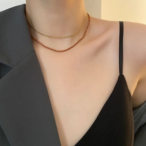 Double-layer natural orange garnet necklace set with golden twisted chain for women