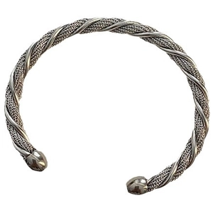 Braided stainless steel cuff bracelet with twisted mesh design and round ball ends