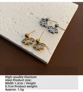 Detailed close-up of lotus stud earrings in titanium steel with measurements and weight