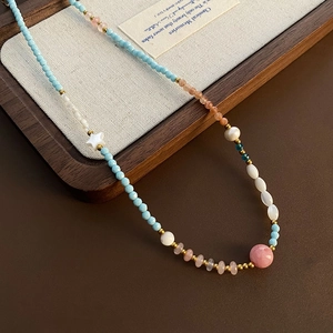 Natural Strawberry Crystal Star Shell Artificial Pearl Beaded Necklace Titanium Steel Clavicle Chain Asymmetric Handmade Jewelry For Women