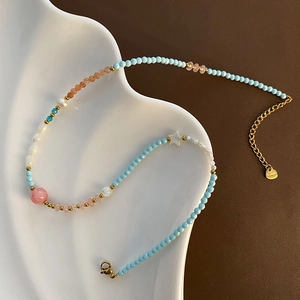 Chic lucky star titanium steel necklace with strawberry quartz beads and shell pendant