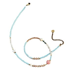 Lucky star titanium steel necklace with pink strawberry crystal and colorful beads