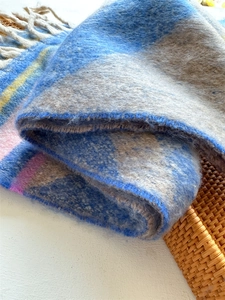 Detail shot of multicolor plaid scarf showing soft brushed texture and fringe edges