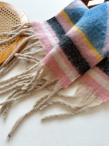 Detail of colorful striped tassel scarf with cozy mohair texture in warm autumn tones