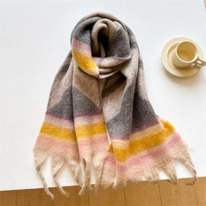 Detail view of multicolored striped knit scarf with long tassels and soft cashmere feel