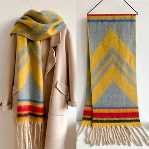 Thickened Winter Scarf For Women Long Geometric Striped Cashmere-Like Boucle Yarn Wrap With Tassels Fashion Shawl