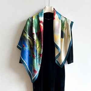 Elegant 90cm silk scarf with oil painting lotus print draped on a black velvet dress