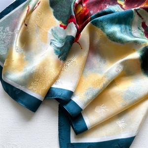 Detailed close-up of lotus flower oil painting print on 90cm square silk scarf fabric