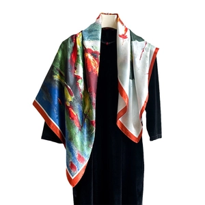Artistic oil painting silk square scarf with floral lotus pattern and orange hem