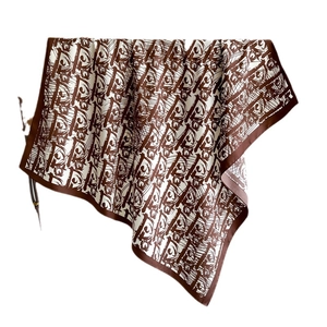 Elegant 90cm silk-feel square scarf with chocolate monogram print on white base