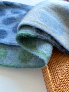 Detail of wool-like scarf showing soft blue and green polka dot pattern and fuzzy texture