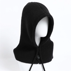 Knitted Balaclava hood with button and drawstring in solid black winter knitwear