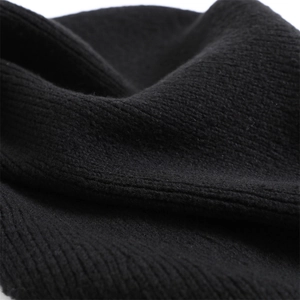 Close-up of black ribbed knit texture on balaclava scarf showing fabric detail