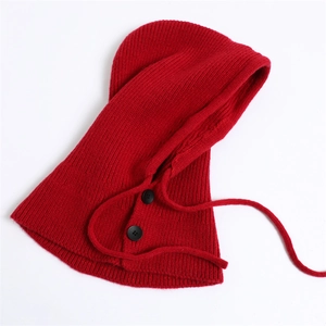 Detail of red knit balaclava with black buttons and adjustable drawstring hood