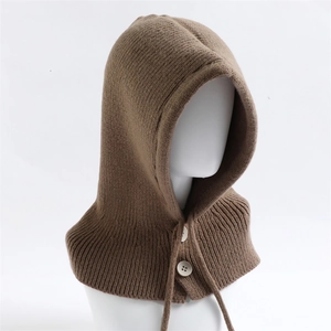Brown knitted Balaclava hood with buttons and drawstring closure for winter warmth
