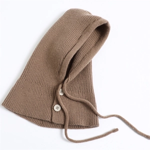 Detail of knitted balaclava hood with buttons and adjustable drawstring in tan color