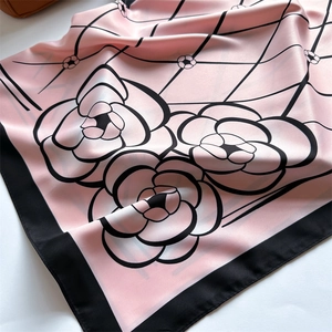 Pink diamond grid silk scarf with camellia flower pattern and elegant black borders