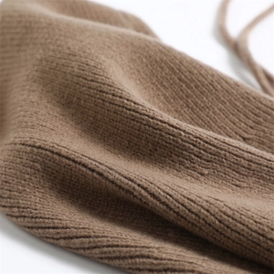 Close-up of the premium camel ribbed knit texture on a winter balaclava scarf hood