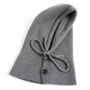 Detailed view of grey knitted Balaclava with drawstring cord and black matte buttons